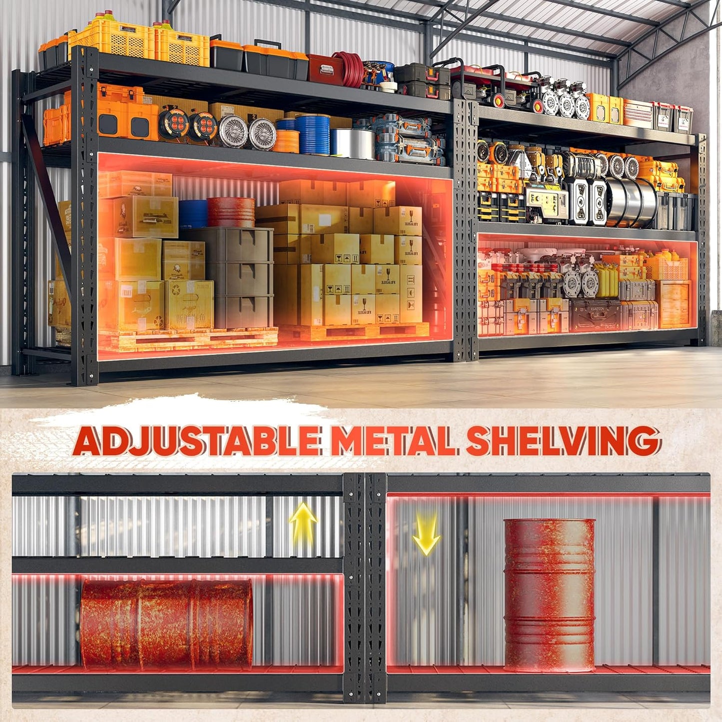 Bepatio 7014LBS Garage Shelving Heavy Duty 67.6W Storage Shelves Adjustable Metal Shelving 3 Tier Utility Shelf for Warehouse Basement Shop, Black 67.6''Wx23.7''Dx66''H, 2PCS