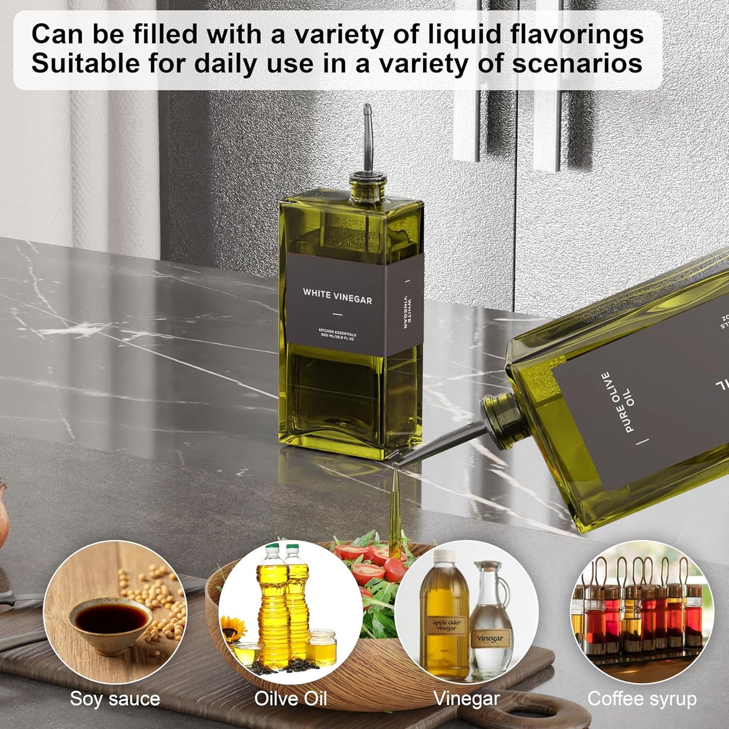 Olive Oil Dispenser for Kitchen, 16.9 oz/ 500 ml Olive Oil Dispenser Bottle, Glass Oil Bottles for Kitchen with 4 Stainless Steel Pourers, 40 Labels, 2 Pcs, Green