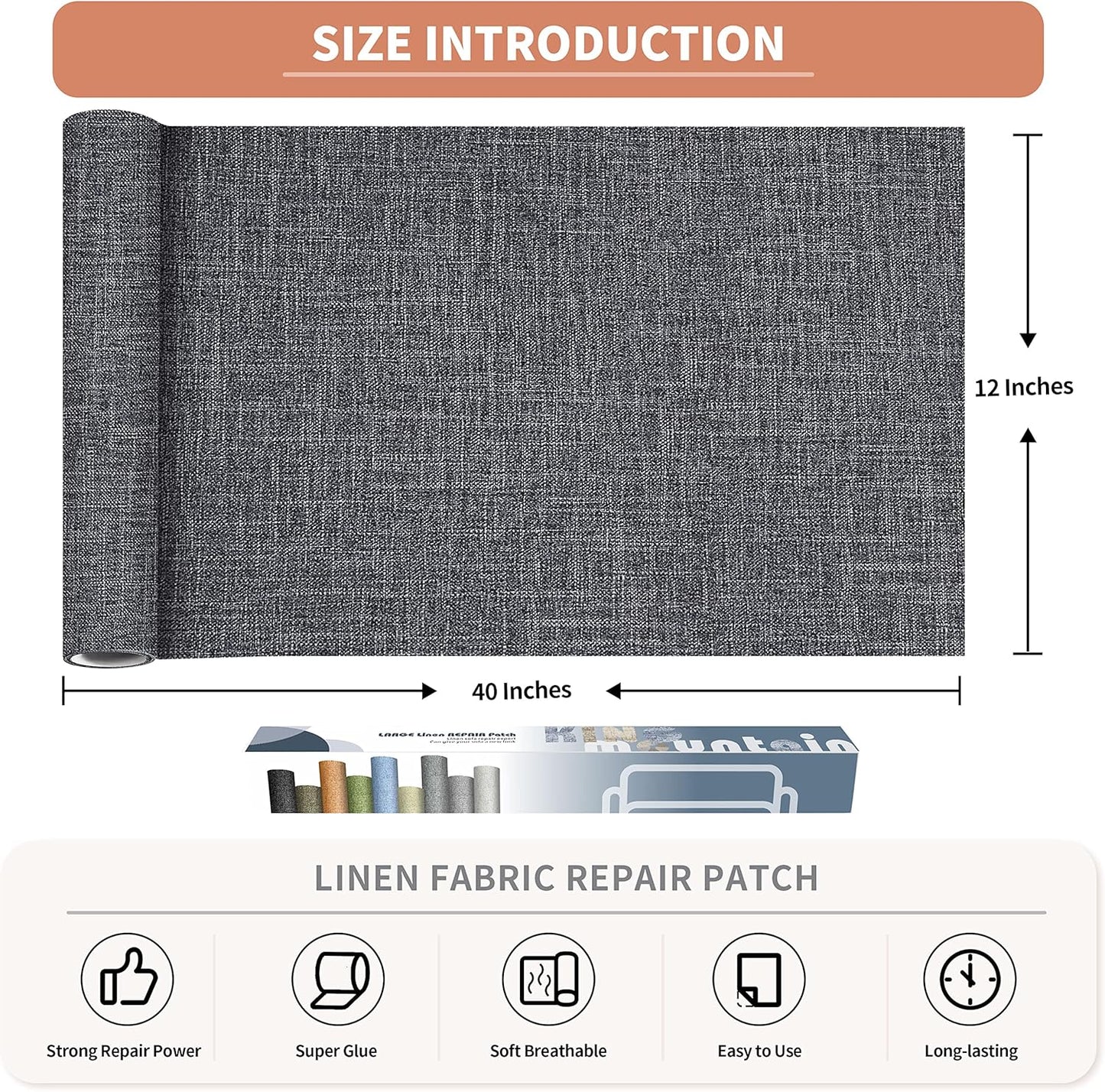 KING MOUNTAIN Fine Linen Fabric Patches, Self-Adhesive, 12x40 inch, Multi Color, For Linen Sofa and Clothes Repair (Dark Grey 3.0)