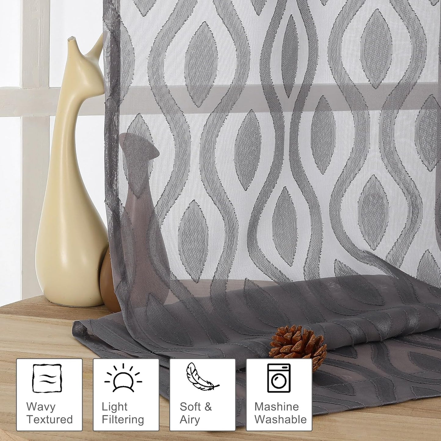 Aiyufeng Grey Valances for Windows, Clip Jacquard Chic Wavy Line Voile Sheer Curtains for Basement, Lightweight Airy Rod Pocket Short Curtains, 2 PCS, 40" Wx14" Inches
