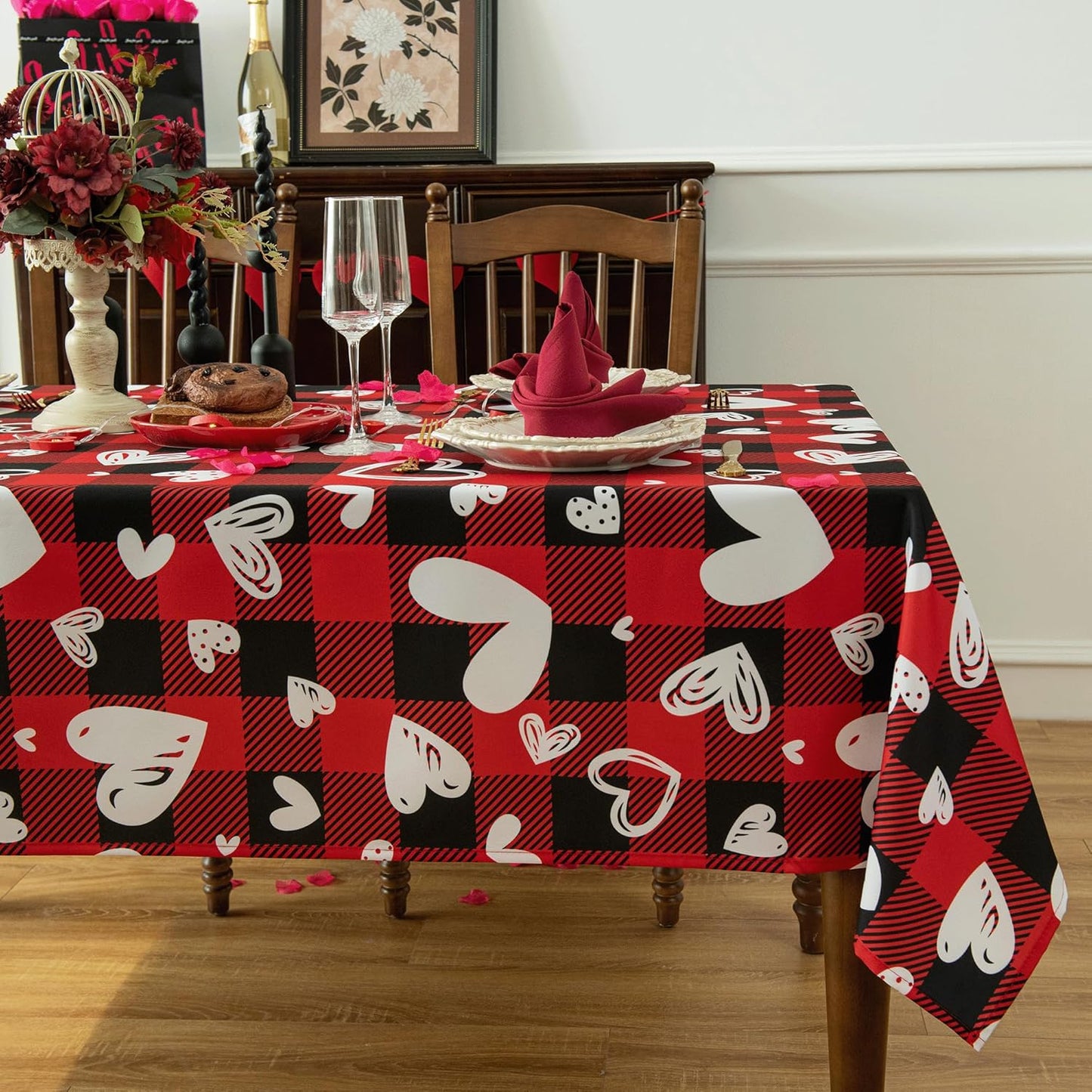 Red Waterproof Plaid Valentines’ Day Tablecloth Fabric - Square 58x58 Inch Classic Love Heart Table Cloth for Indoor Use - Checkered Table Cover for Picnics, Dinner, and Parties