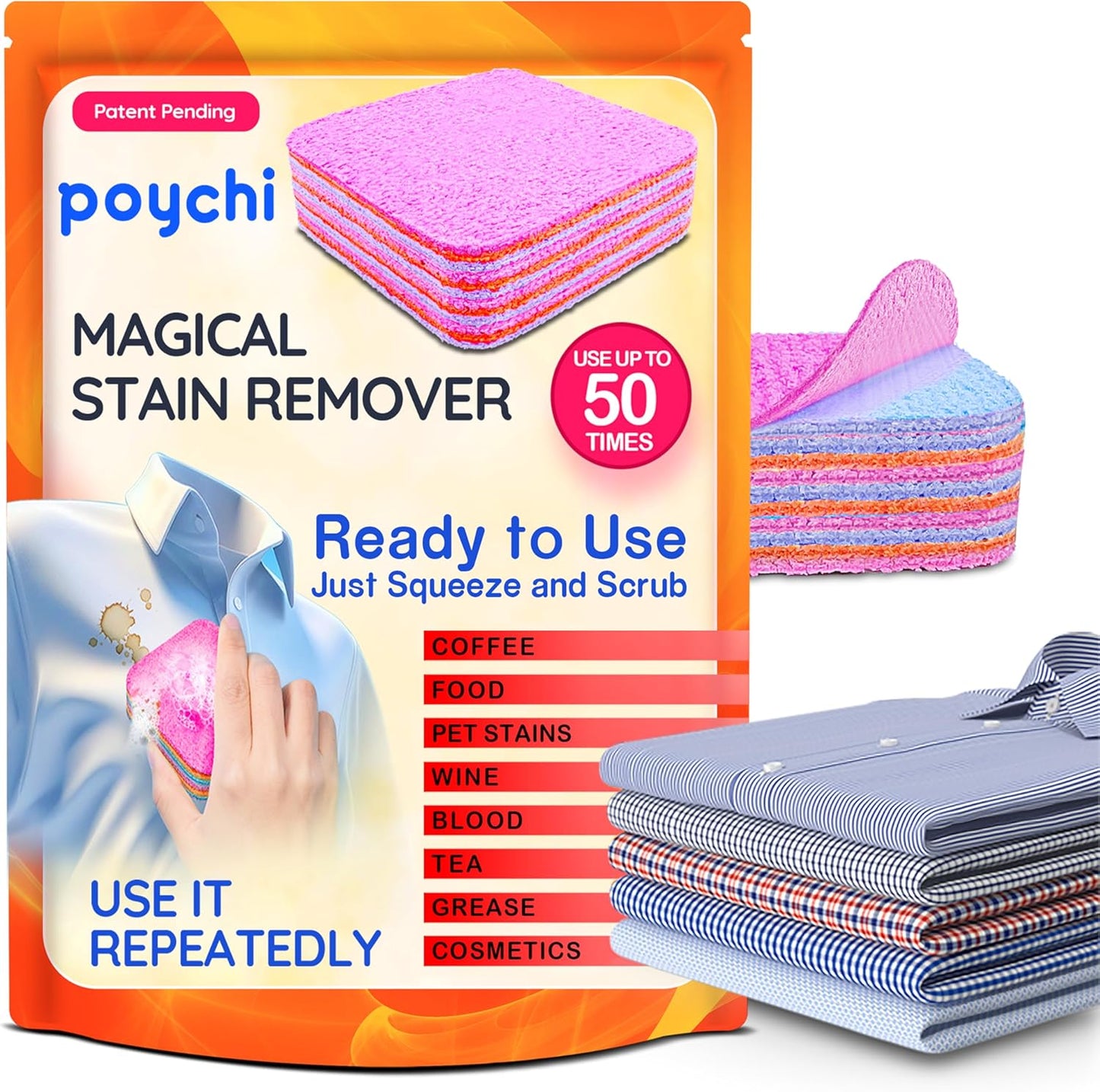 Magical Fiber Stain Remover- Use as Spot Remover- No Dry Cleaning Food, Grease, Coffee Off Laundry, Tea, Fabric, Pet Stains, Stain Remover Sponge Clothes, Carpet, Sofa, Mattress & Upholstery (5 Pack)
