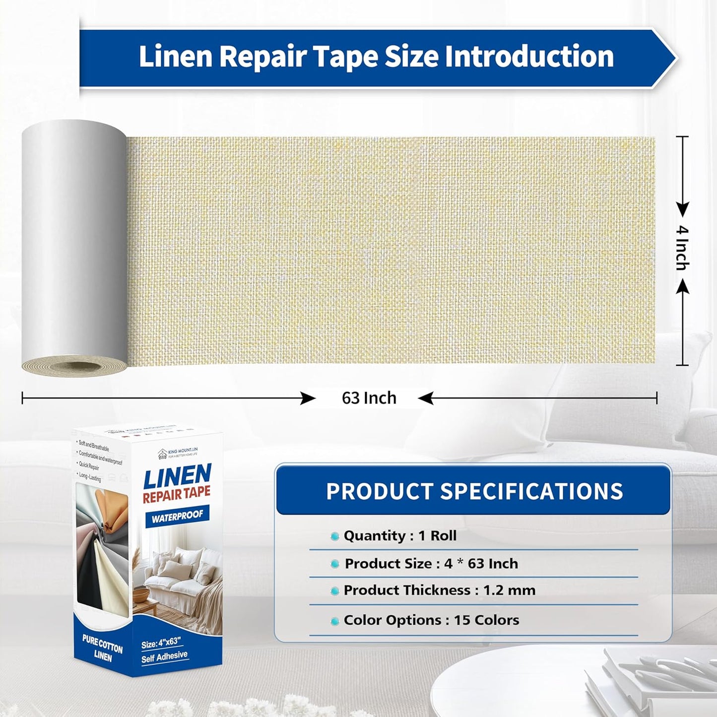 KING MOUNTAIN Linen Repair Patches, Self-Adhesive Fabric Patches, 4 X 63 inch Extra Size, Multi Color, Can be Used fo Sofa Repair and Linen Clothes Repair (Beige 1.0)