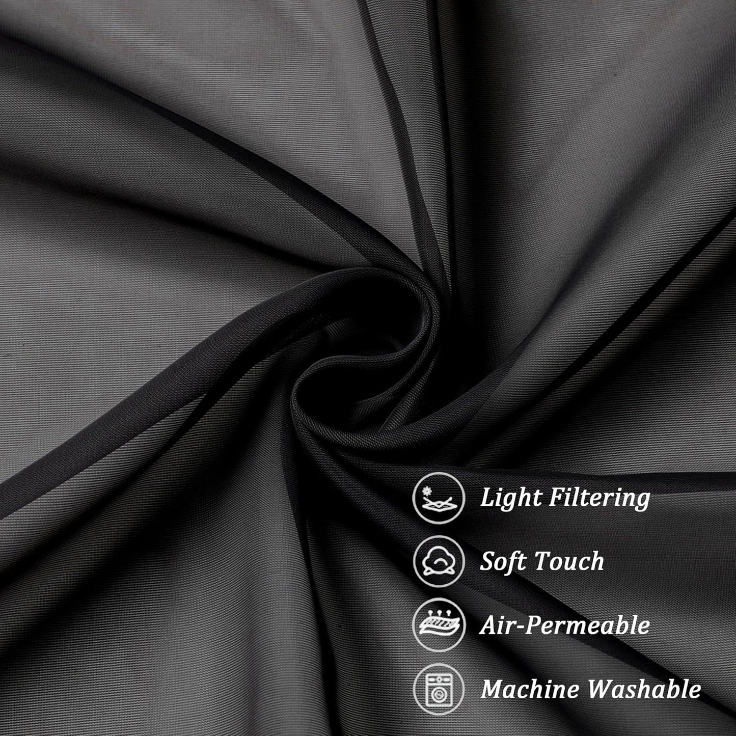 Chyhomenyc Black Sheer Valances for Windows 2 Pack, 42W x 14L Inches Small Window Curtains for Living Room Bathroom Cafe Laundry Basement, Elegant Top Dual Rod Pocket Voile Curtain