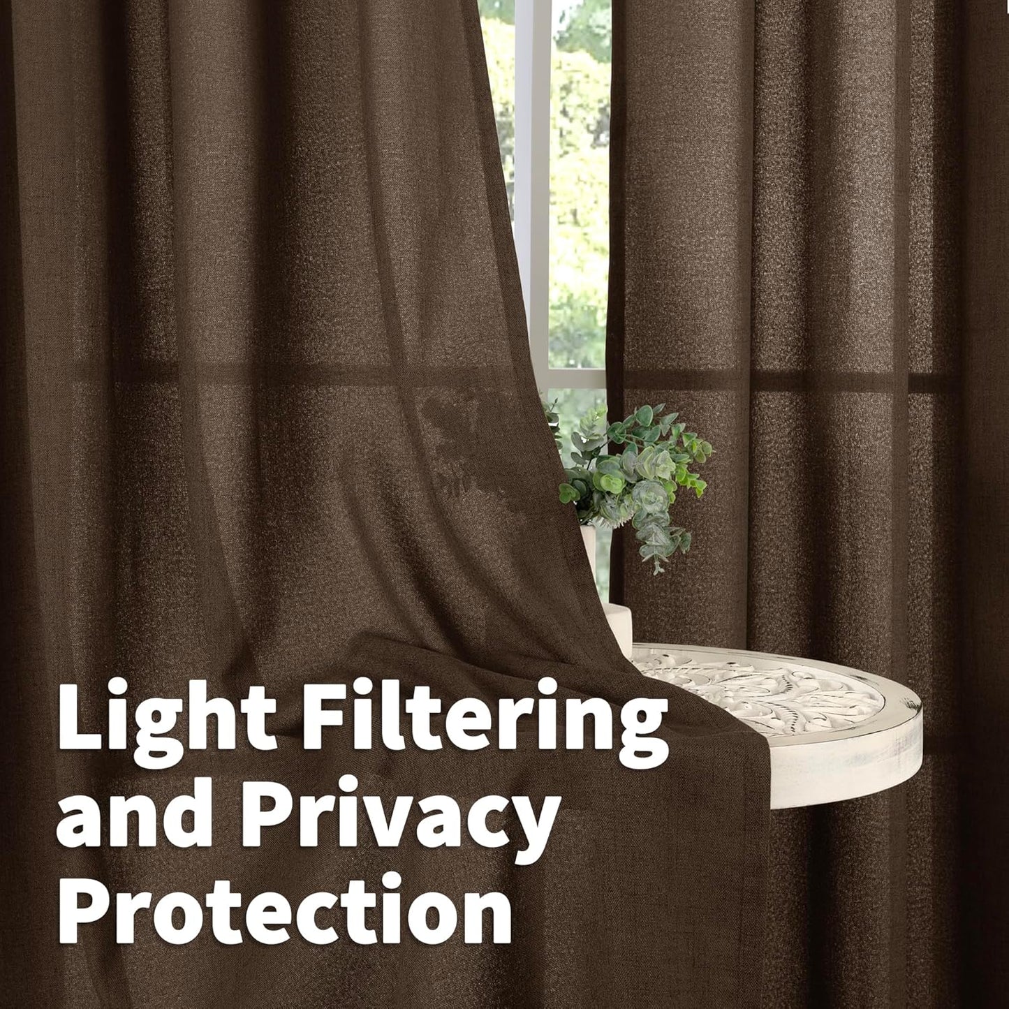 YoungsTex Brown Linen Curtains 80 Inch Length for Living Room, Semi Sheer Window Drapes with Rod Pocket Back Tab Light Filtering for Farmhouse Dining Room Bedroom, 2 Panels, 52 X 80 Inch