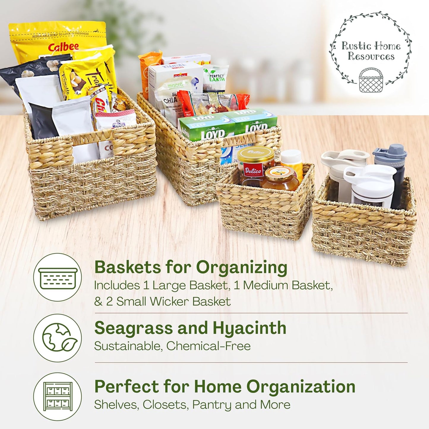 Seagrass and Hyacinth Nesting Wicker Basket, Multi-Size, 4 pack, Natural Woven Storage Baskets for Organizing Living Room, Shelves, Pantry