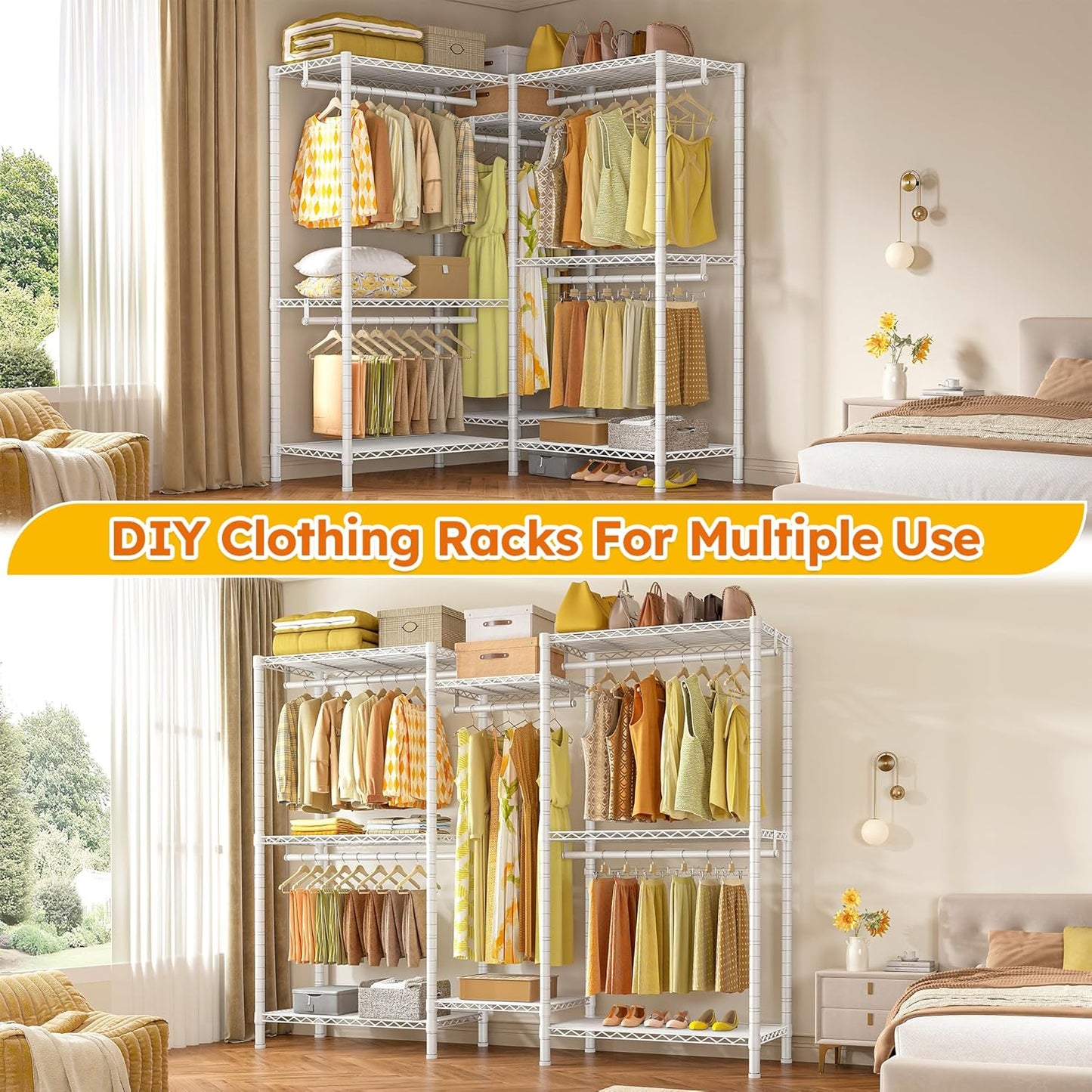 Raybee Clothes Rack,Clothing Racks for Hanging Clothes Heavy Duty,Adjustable Garment Rack with Shelves,rolling clothes rack Max Load 905LBS,75" W x 77" H x 17.8" D,White