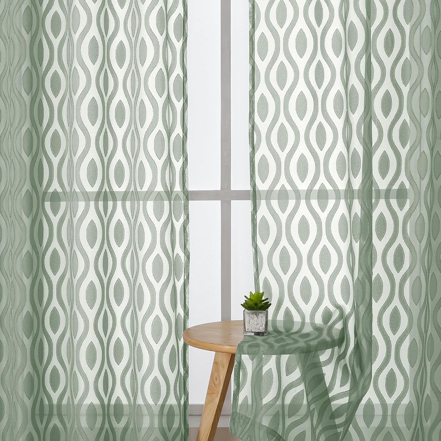 Aiyufeng Sheer Green Curtains 54 Inch Length 2 Panels, Soft Lightweight Clip Jacquard Textured Farmhouse for Bedroom, Modern Wavy Line Voile Sheer for Living Room, 40" Wx54 L Inches