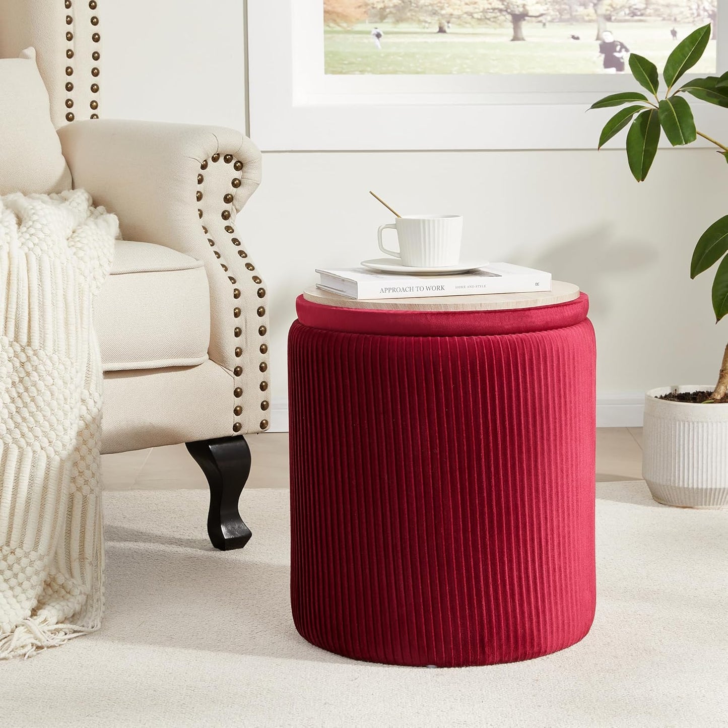 Royal Windsor Round Ottoman with Storage Set of 2,Vanity Stool with Storage for Bedroom, Ottoman Coffee Table,Small Velvet Foot Stool for Living Room, Burgundy