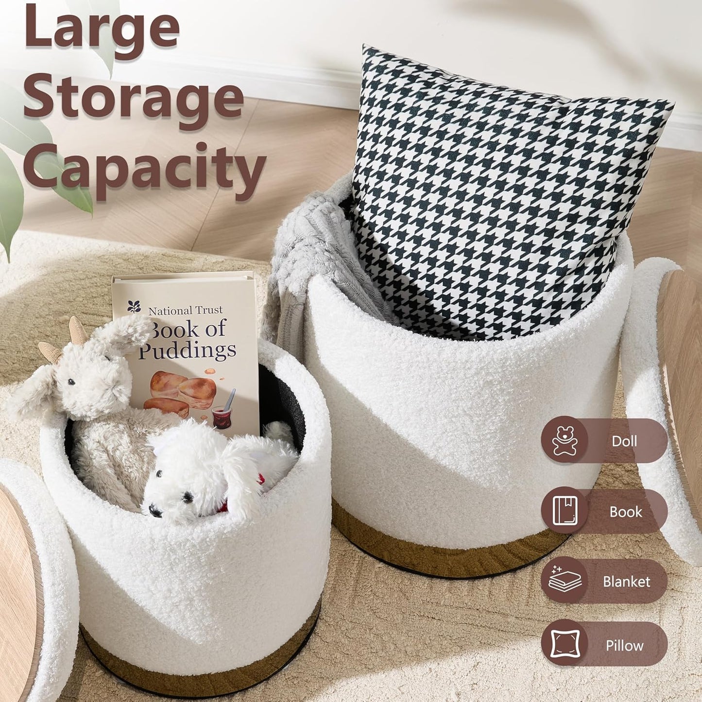 Royal Windsor Boucle Round Ottoman with Storage Set of 2, Vanity Stool with Storage for Bedroom, Ottoman Coffee Table Gold-Tone Ring Around The Base, Small Foot Stool for Living Room, White