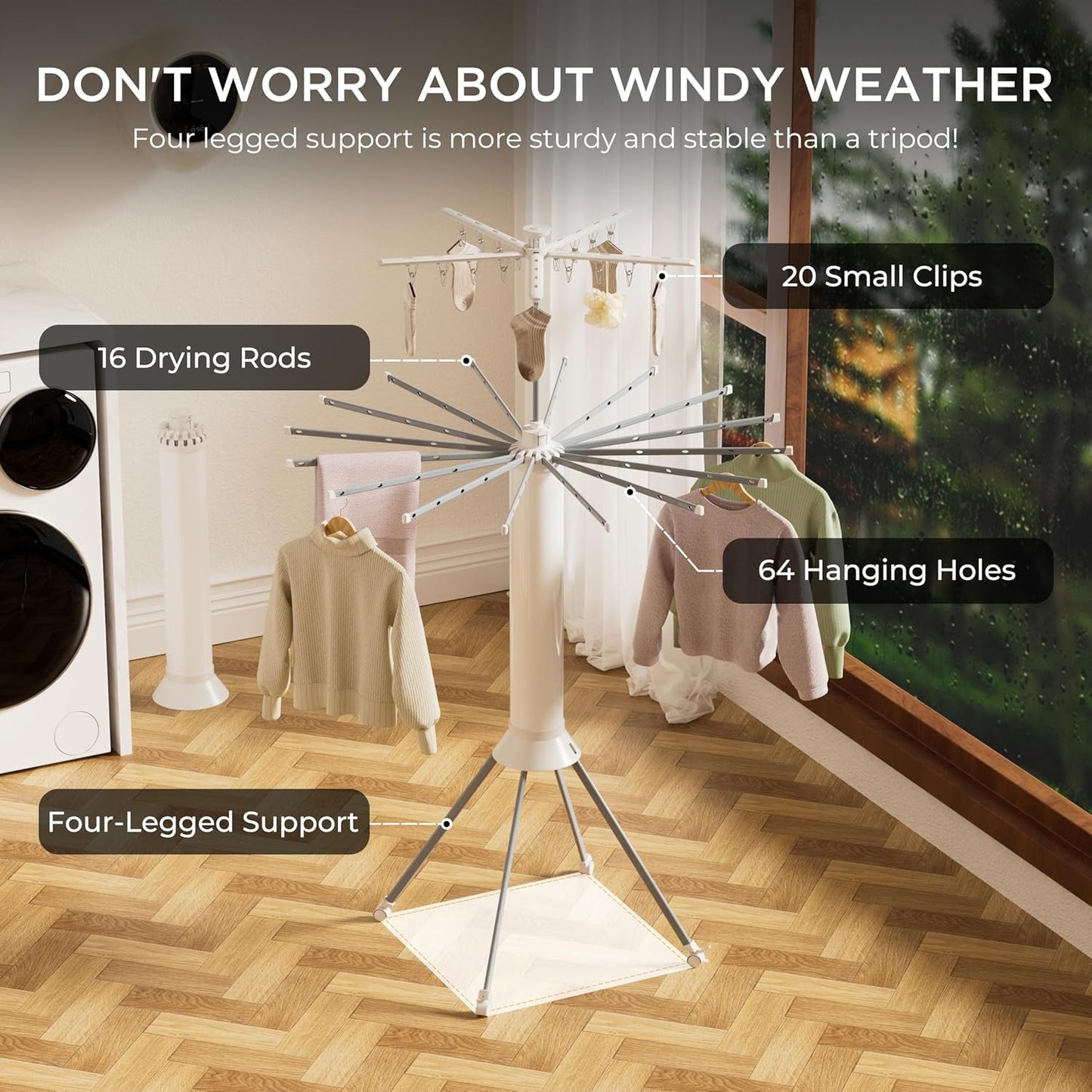 4-Legged Clothes Drying Rack, Portable Dryer Rack with 20 Clips, Outdoor Laundry Drying Rack with 4 Pulleys, Collapsible Drying Rack Clothing, Aluminum Hanging Dryer Rack for Clothes, Socks