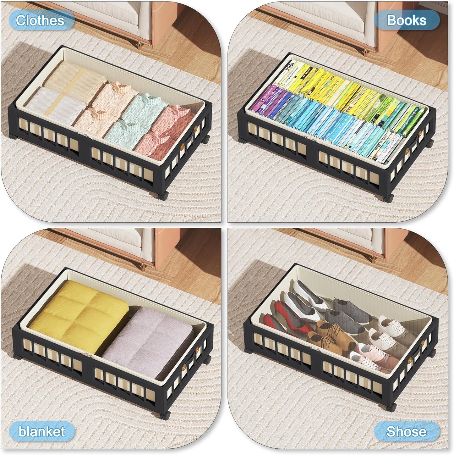 efluky 2-Pack Bamboo Under Bed Storage Containers with Wheels, Under Bed Clothes Storage Basket with Large Dust Bag, Rolling UnderBed Storage for Bedroom, Dorm and Basement, Black