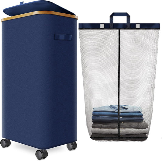 Laundry Hamper with Wheels,29 Gal (110L) Laundry Basket with lid Rolling Clothes Hamper Foldable Dirty Clothes Basket on wheels with Bamboo Frame and Bag for Bedroom, Dorm, Laundry Room-Blue