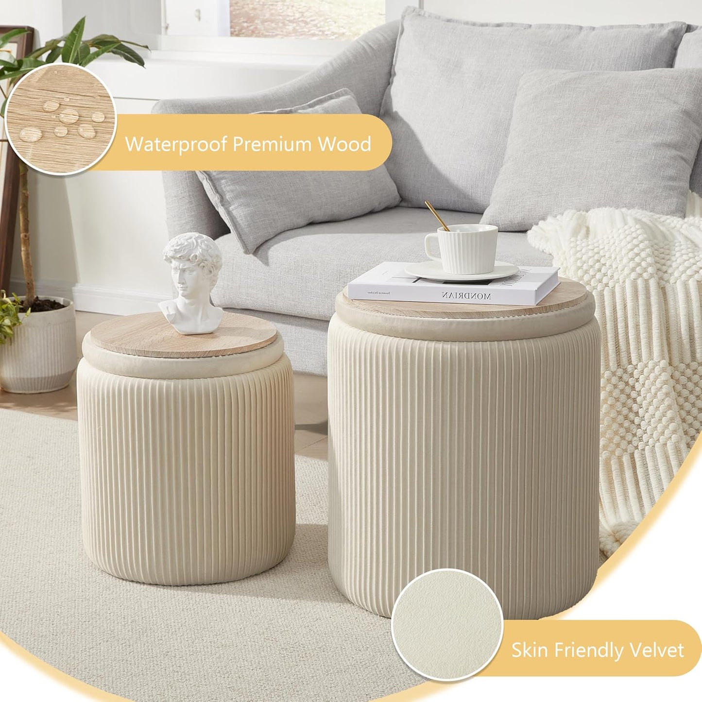 Round Ottoman with Storage Set of 2,Vanity Stool with Storage for Bedroom, Ottoman Coffee Table,Small Velvet Foot Stool for Living Room, Beige