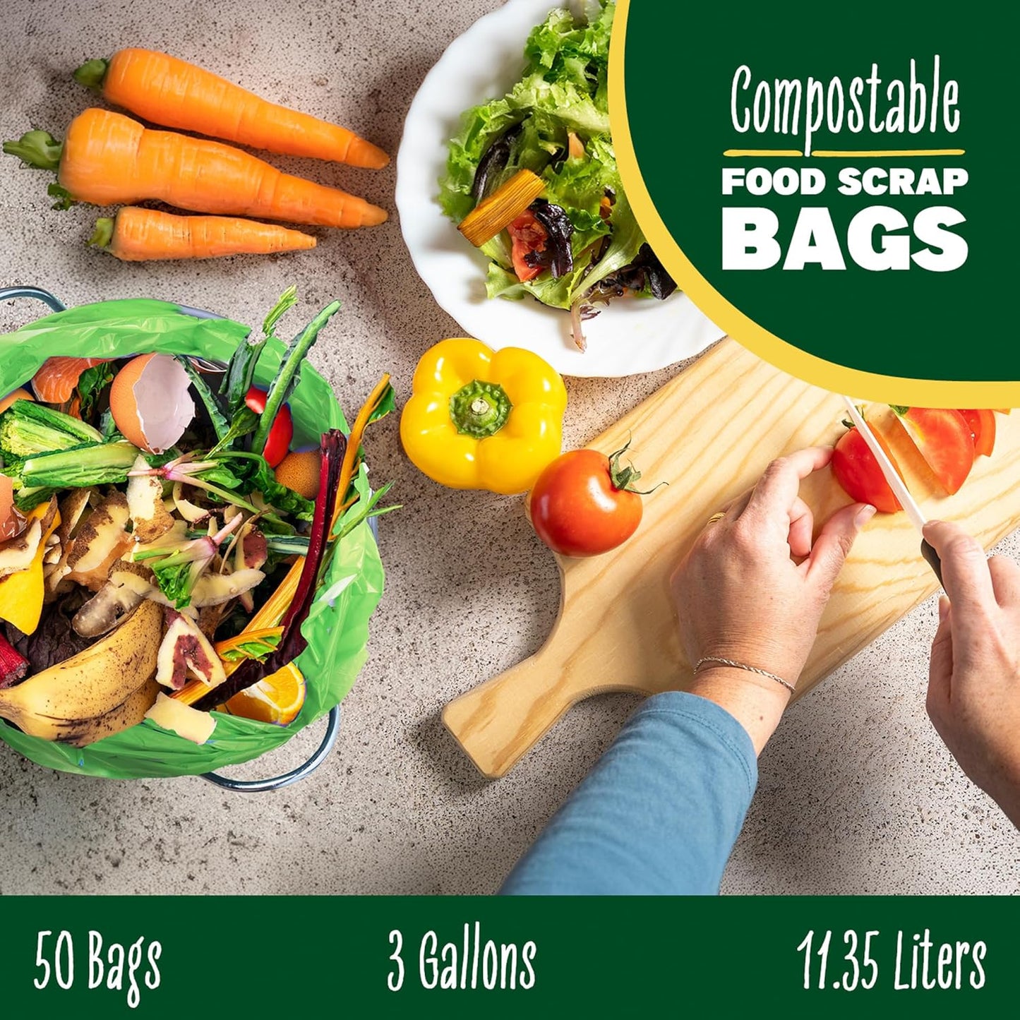 2.6-3 Gallon Compostable Trash Bags Drawstring 50 Bags Extra Thick 1 Mil 11.36 Liter Small Biodegradable Trash Bags for Kitchen Countertop Bin ASTM D6400, US BPI and OK Compost Home Certified