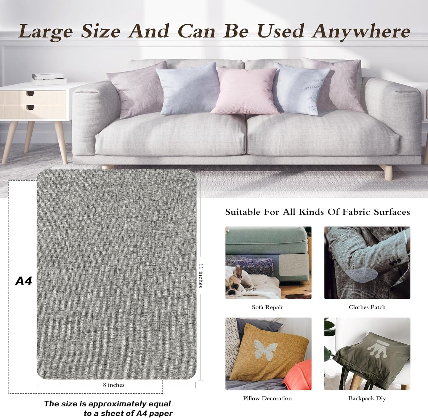 KING MOUNTAIN Fine Linen Repair Patches, Self-Adhesive Linen Fabric Patches, 8X11 inch Extra Size, Multi Color, Can be Used for Linen Sofa Repair and Linen Clothes Repair(Medium Grey,8" x 11")