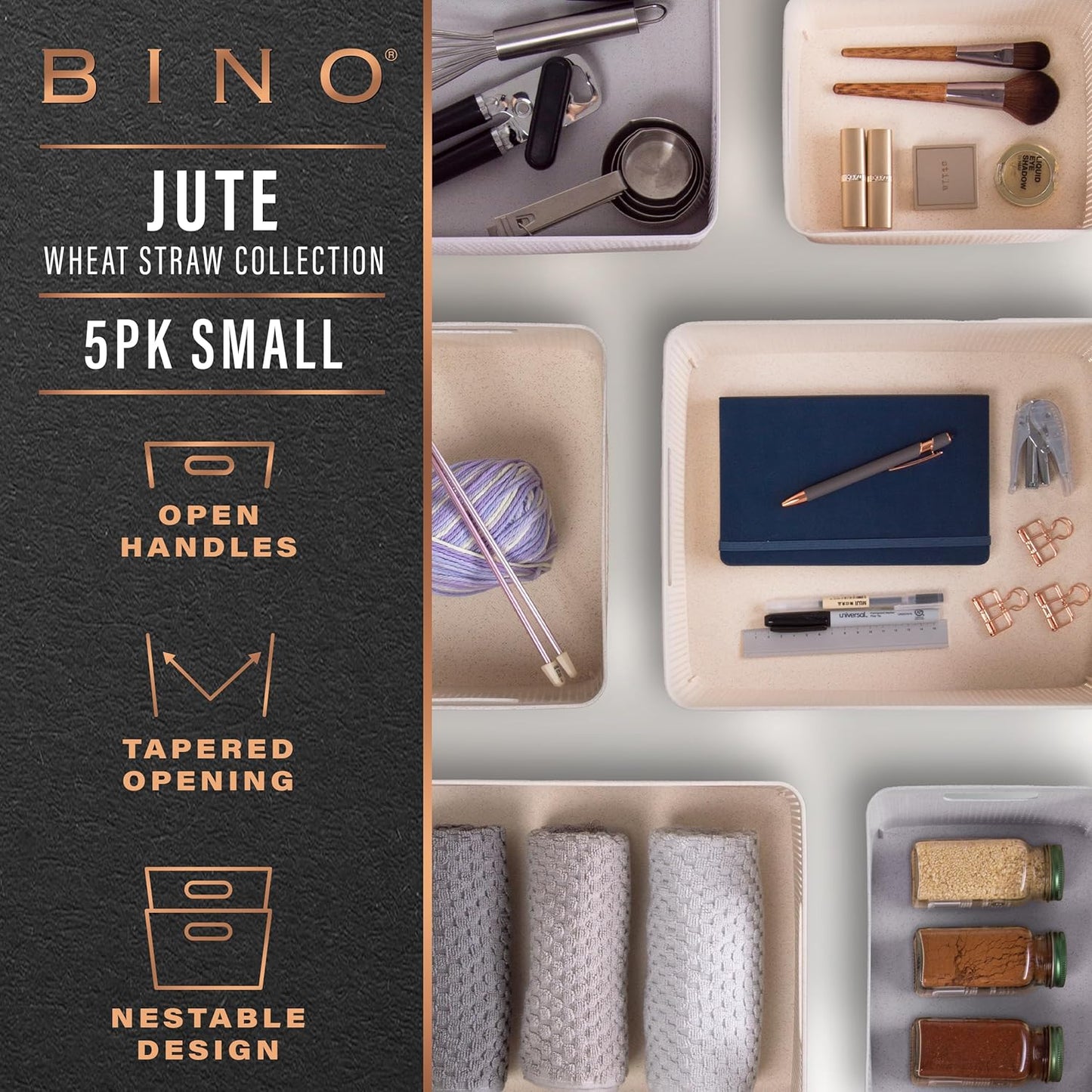 BINO | Woven Plastic Basket | Small (Natural), 5-Pack | THE JUTE COLLECTION | Home Organization, Space - Saving Storage, Stylish Design | Jute Basket | Plastic Storage Basket