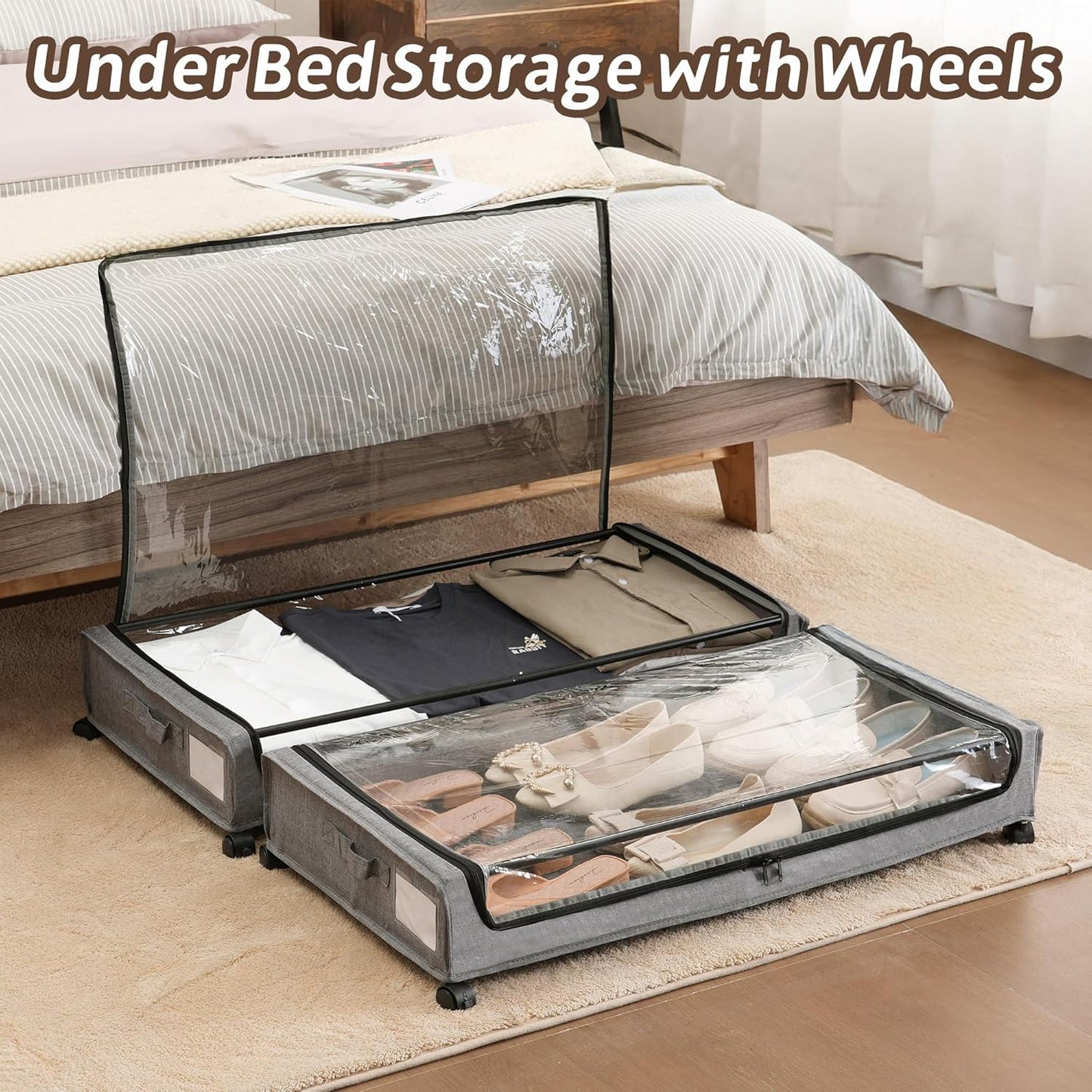 UnderBed Storage Containers, UnderBed Shoe Storage with Wheels, Under Bed Drawers for Clothes Book Blankets, Dorm Bedroom Organizer