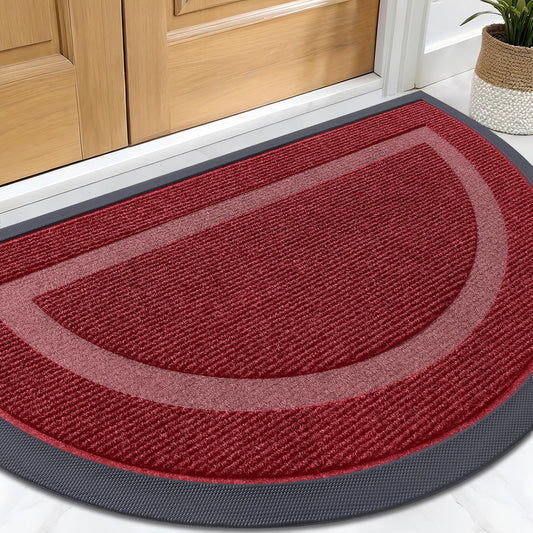 OLANLY Half Circle Door Mat Indoor Outdoor Entrance Welcome, Waterproof All-Season, All-Weather Doormat, Sturdy Natural Rubber, Low Profile, Easy Clean Patio Porch Entryway Mat, 29.5x17, Wine Red