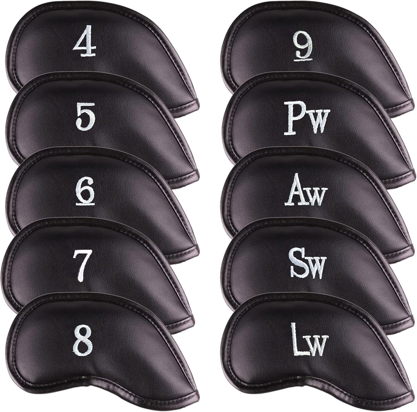 Premium Magnetic Leather Iron and Wedge Golf Club Head Covers | Set of 10 | Fits Most Clubs | Embroidered Club Label on Both Sides of Club Head Cover