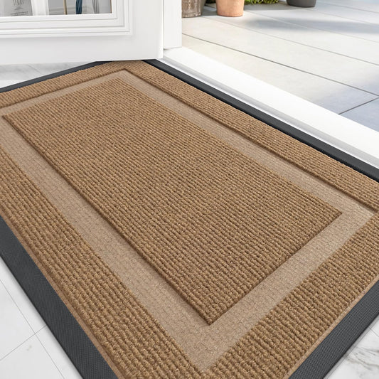 OLANLY Front Door Mat Indoor Outdoor Entrance, Waterproof All-Season, All-Weather Doormat, Sturdy Natural Rubber, Fade Resistant, Low Profile, Easy Clean Patio Porch Entryway Mat, 35x23, Light Borwn