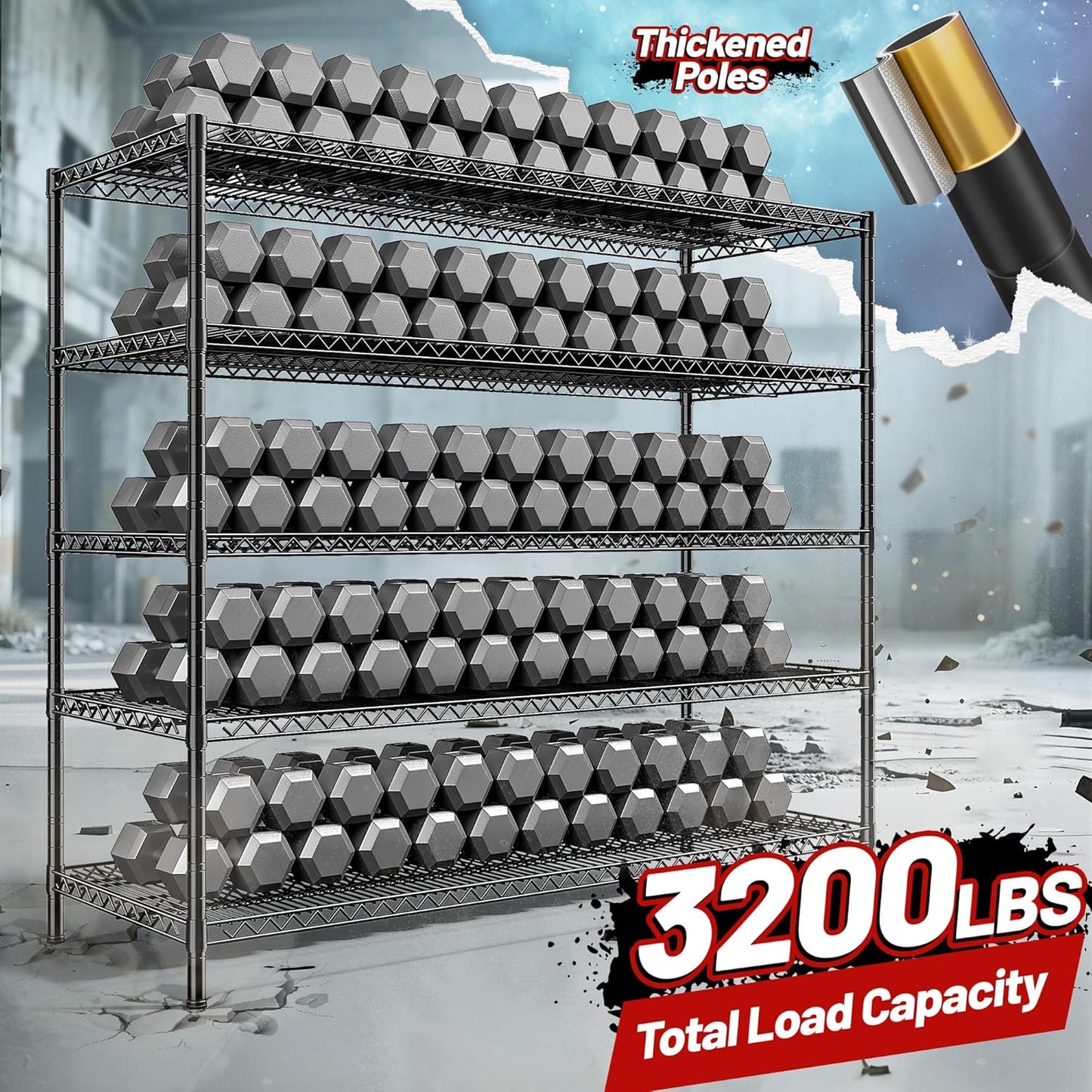 REIBII 55.5" W Storage Shelves 3200LBS Metal Shelving 5 Tier Wire Shelving Unit Garage Shelving Heavy Duty Metal Shelves for Storage Rack Commercial Adjustable Pantry Shelf, 55.5" W X 18''D X 71" H