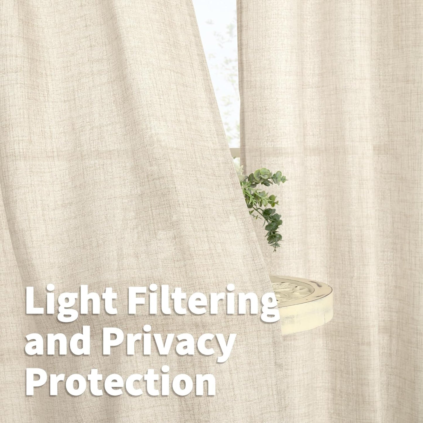 YoungsTex Linen Curtains 48 Inch Length for Kitchen, Semi Sheer Cream Window Drapes with Rod Pocket Back Tab Light Filtering Textured for Living Room Bedroom Bathroom, 2 Panels, 42 X 48 Inch