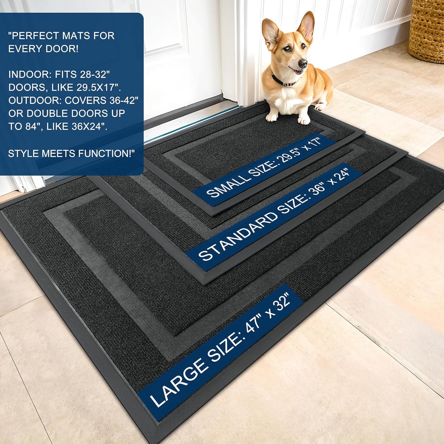 OLANLY Front Door Mat Indoor Outdoor Entrance, Waterproof All-Season, All-Weather Doormat, Sturdy Natural Rubber, Fade Resistant, Low Profile, Easy Clean Patio Porch Entryway Mat, 59x23, Black