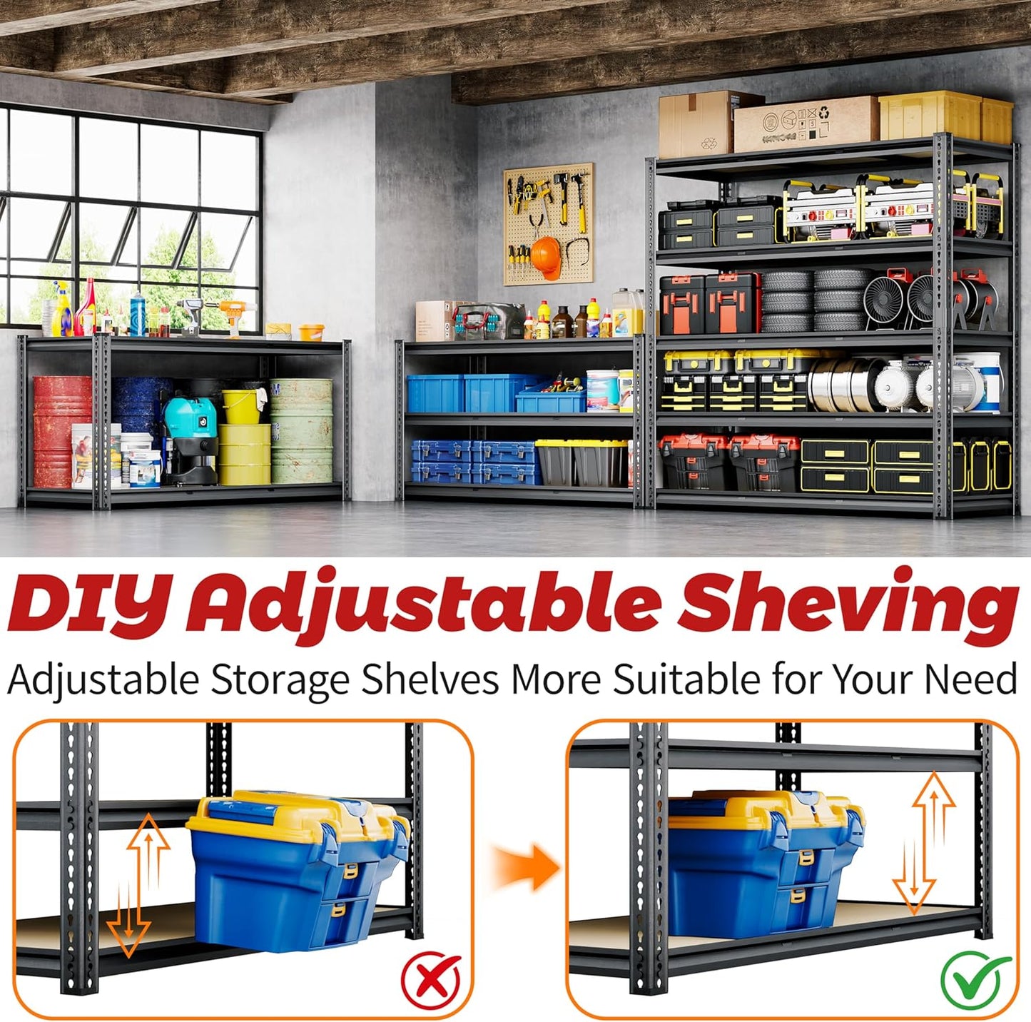 48"W Garage Shelving, 3050LBS Storage Shelves Heavy Duty, 5 Tier Metal Shelving Unit Adjustable Garage Shelves Heavy Duty Shelving for Warehouse,Commercial, Kitchen, 48" W × 18" D × 72" H, Black