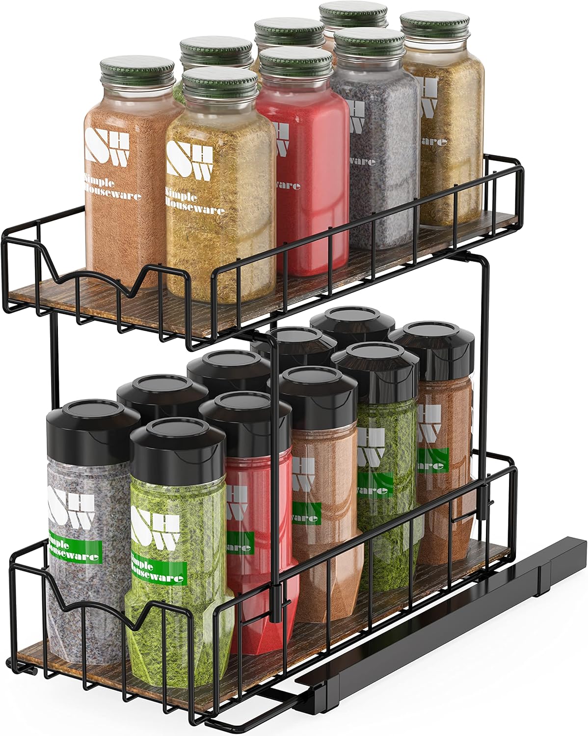 Simple Houseware 2-Tier Spice Rack Slide Out Wire Basket Drawer Organizer, Black
