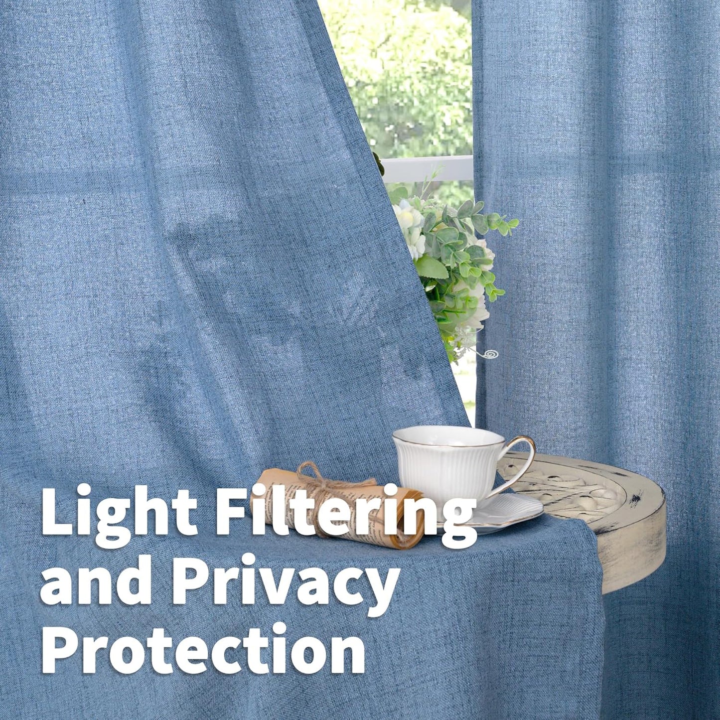 YoungsTex Denim Blue Linen Curtains 90 Inch Length for Living Room, Light Filtering Semi Sheer Window Drapes Rod Pocket Back Tab Curtain Extra Long for Bedroom Office Privacy, 2 Panels, 52 X 90 Inch