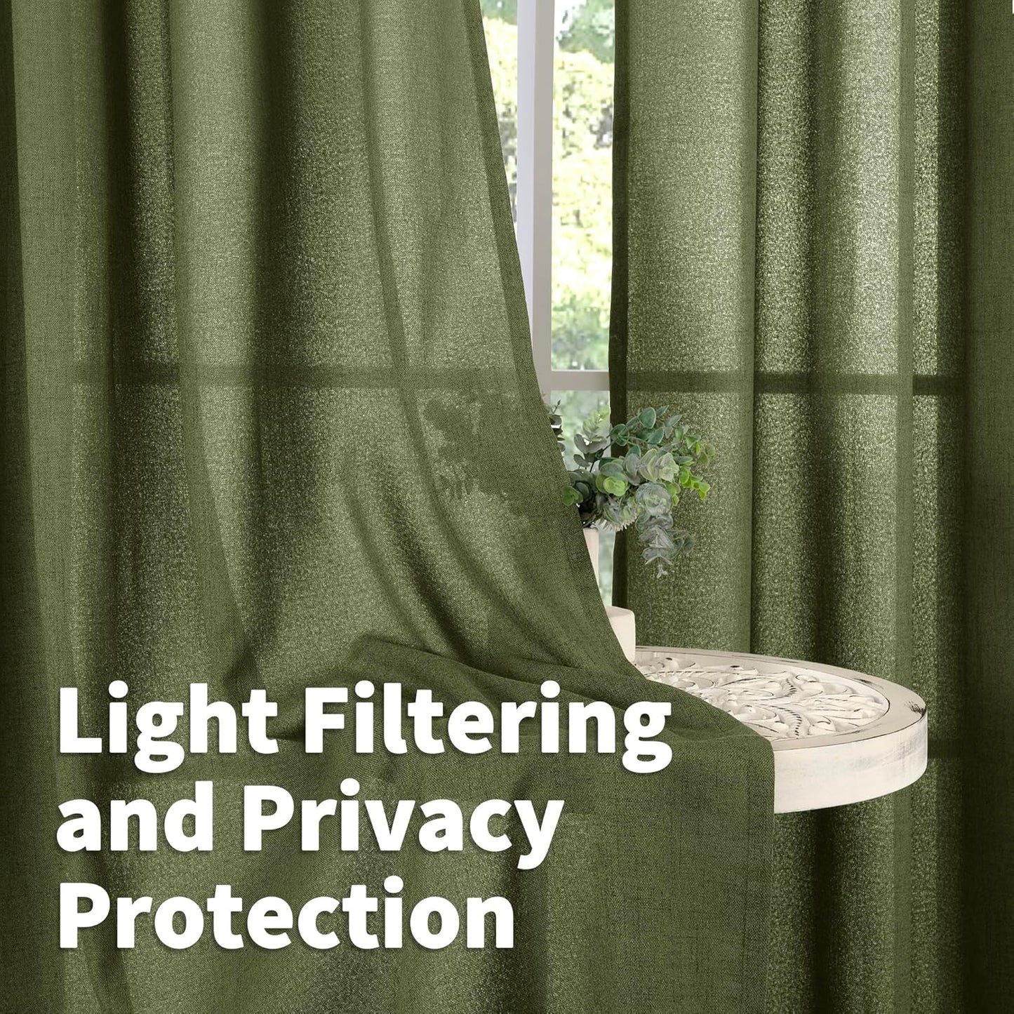 YoungsTex Olive Green Linen Curtains 63 Inch Length for Living Room, Rod Pocket Back Tab Light Filtering Drapes Semi Sheer Window Treatments for Bedroom Farmhouse, 2 Panels, 42 X 63 Inch