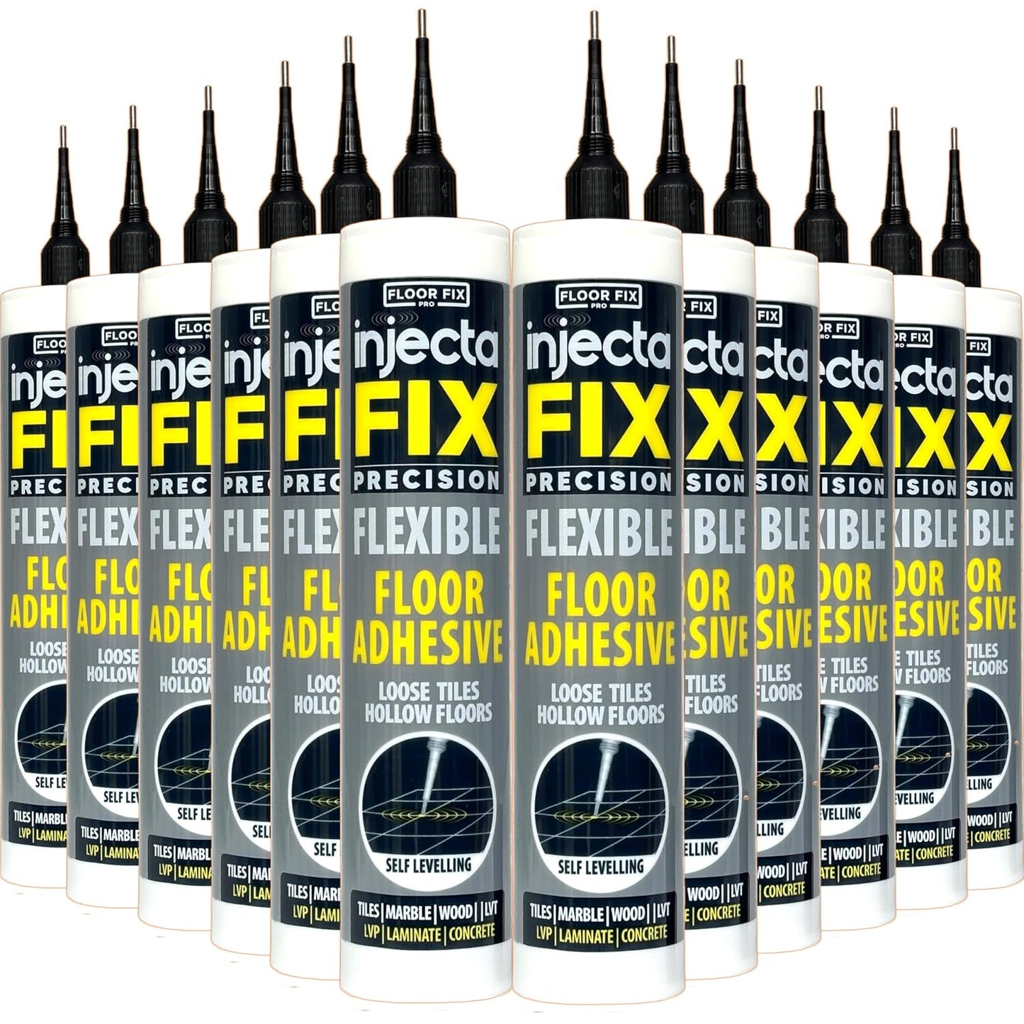 Precision 300ml from Floor-Fix Pro - Fix Loose Tiles - for Loose & Hollow Tiles, Wood, LVT & Laminate - Includes 1.9mm Syringe Tip - Adjustable to 6mm + Anti-Clog Performance (Pack of 12)