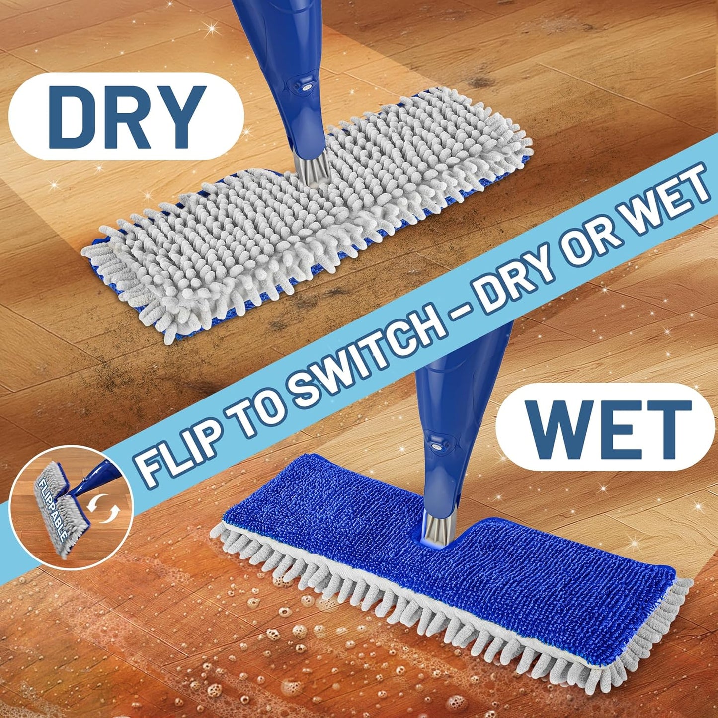 Papclean Spray Mops for Floor Cleaning: Double Sided Dust Mop for Hardwood Wood Tile Floor with Reusable Microfiber Pads - Wet Dry Kitchen Bathroom Cleaning