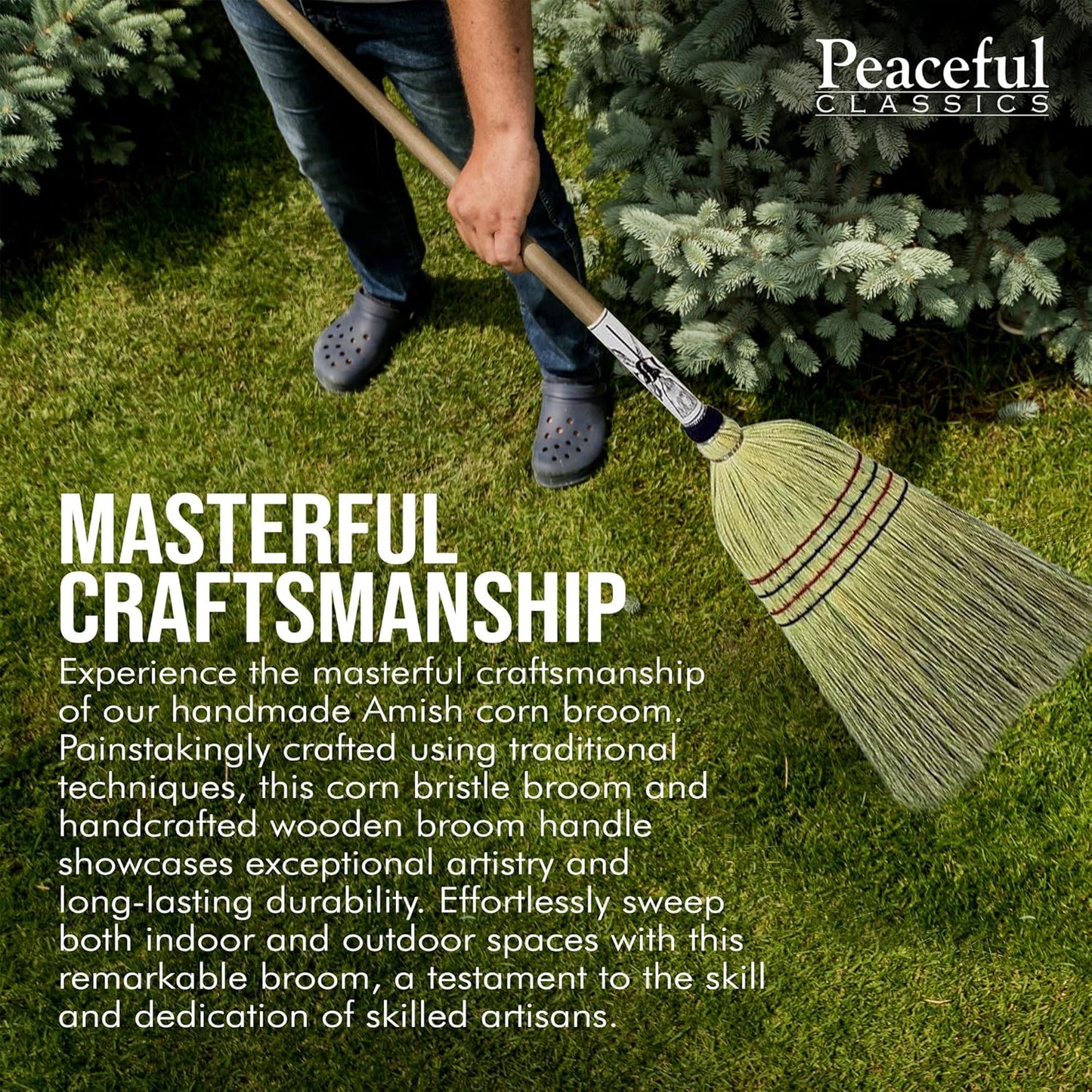 Handmade Amish Corn Broom with Wooden Handle – 57" Heavy Duty Broom for Courtyard, Lobby & Market, 100% Corn Fill Straw Broo'm, 4 Sews Indoor & Outdoor Bristle for Sweeping - Yellow