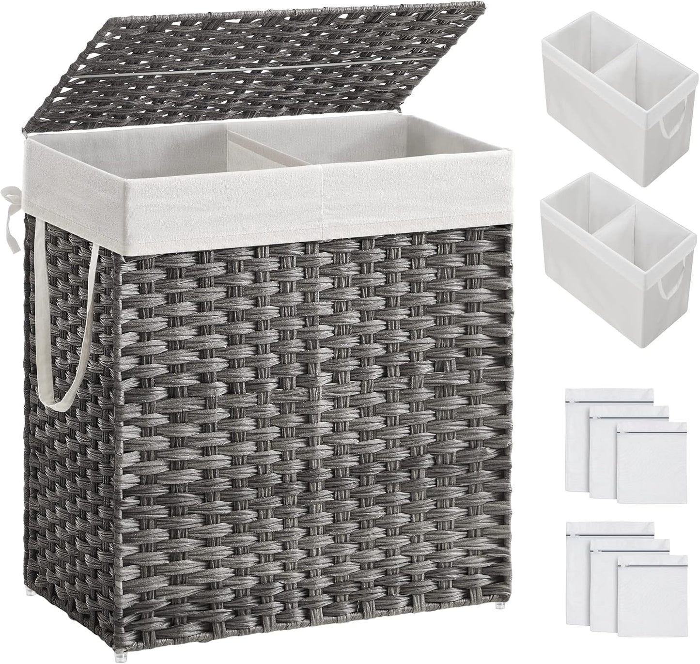 SONGMICS Laundry Hamper with Lid, 110L Clothes Hamper with 2 Removable Liner Bags, 6 Mesh Bags, Wicker Laundry Basket, Double Laundry Hamper for Bathroom, 13 x 22.4 x 23.6 Inches, Gray ULCB52WG