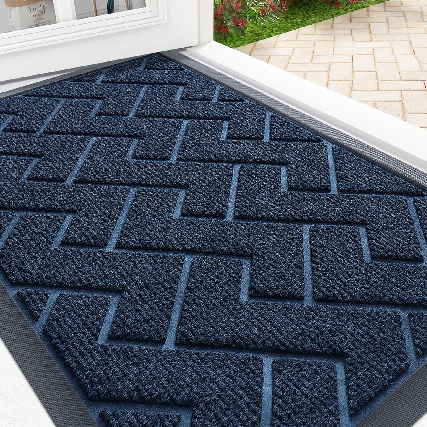 OLANLY Front Door Mat Indoor Outdoor Entrance, Waterproof All-Season, All-Weather Doormat, Sturdy Natural Rubber, Low Profile, Easy Clean Patio Porch Entryway Mat, Herringbone Brick (Blue, 29.5x17)