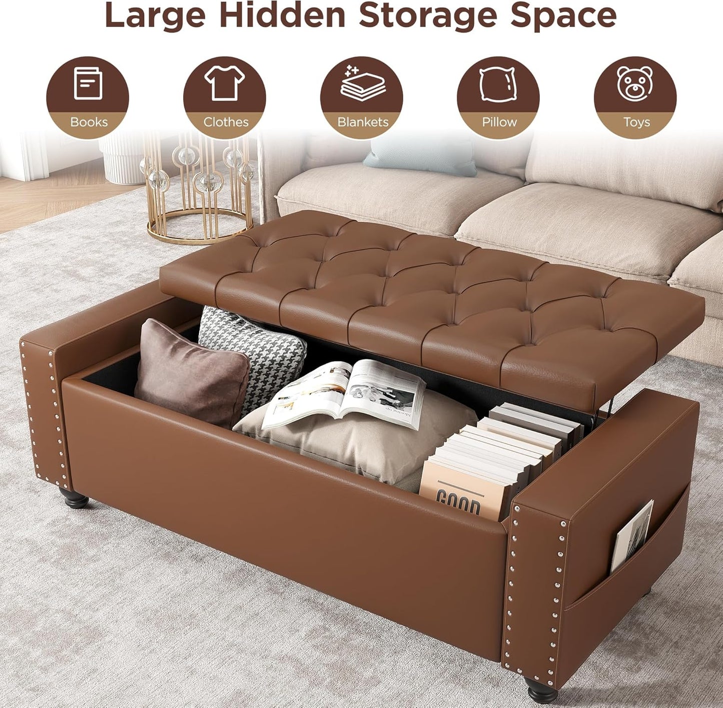 Maupvit Storage Ottoman Bench, 49 Inch Bedroom Bench, Upholstered Ottoman with Storage, Entryway Bench with Tufted Button, Faux Leather Window Bench for Bedroom, Living Room, Entryway, Hallway, Brown