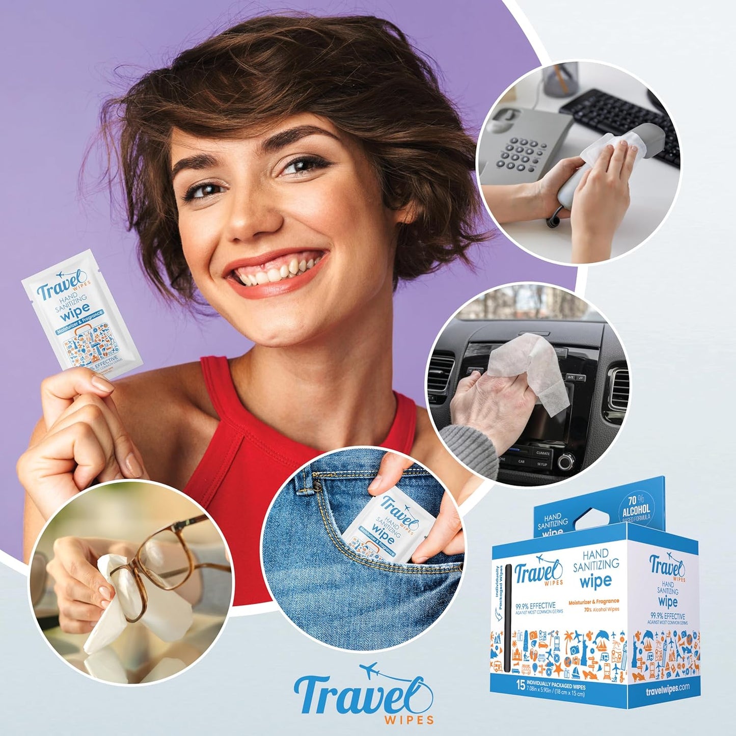 Hand Sanitizing Travel Wipes – 15ct Individually Wrapped | Fresh Citrus Scent, Moisturizing, 70% Alcohol Wipes | Travel, Home, Office, Daily Use | Made in USA