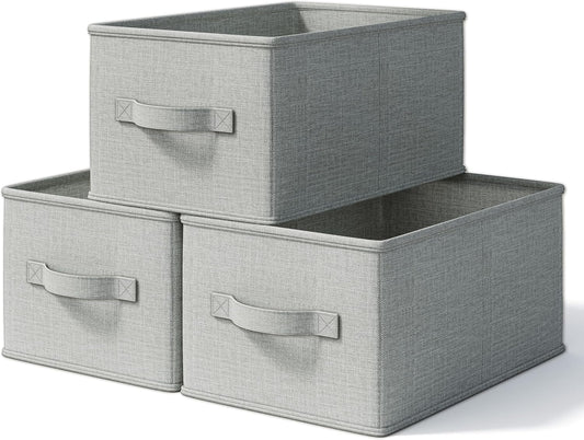 3 Pack Fabric Storage Bins for Shelves | 11.5x8.75x6.5in Closet Storage Baskets | Collapsible Storage Bins | Fabric Closet Organizers with Handles | Light Gray