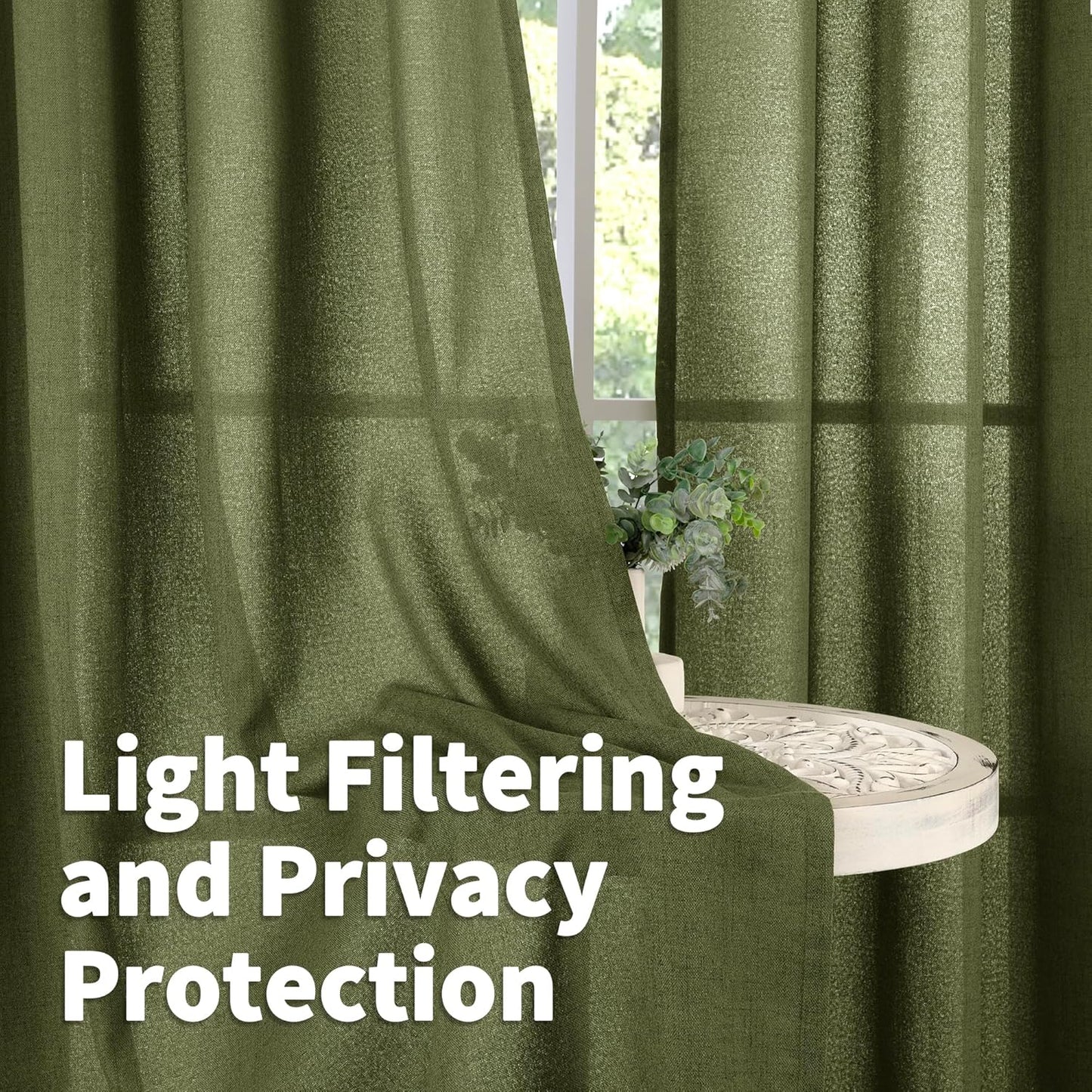 YoungsTex Olive Green Linen Curtains 48 Inch Length for Kitchen, Semi Sheer Small Window Drapes with Rod Pocket Back Tab Light Filtering for Short Living Room Bedroom, 2 Panels, 42 X 48 Inch