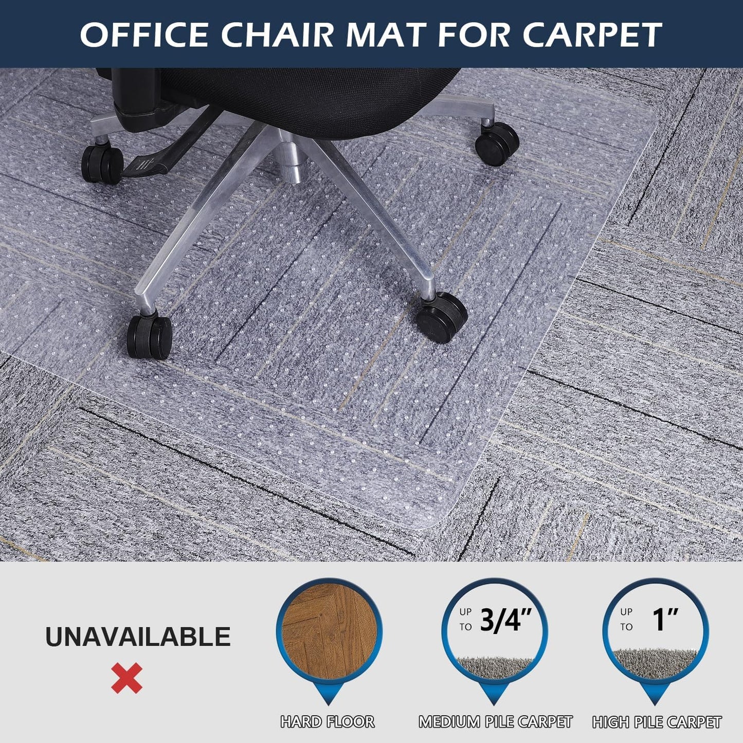 SALLOUS Clear Chair Mat for Carpet, 53" x 45" Heavy Duty Vinyl Floor Mat for Carpeted Floors, Gaming Chair Mat with Tap, Rolling Under Desk Floor Mat for Home Office