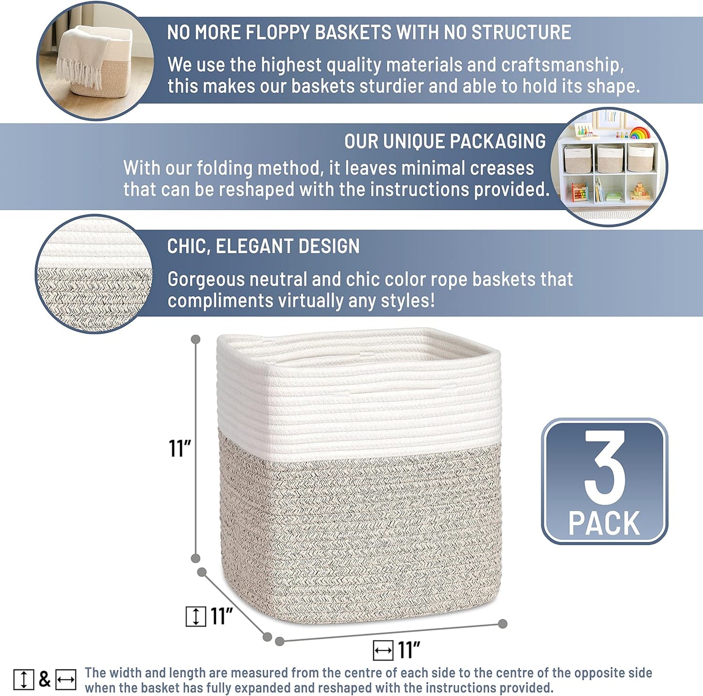NaturalCozy Storage Cubes 11 Inch Cotton Rope Woven Baskets for Organizing, 3-Pack | Cube Bin Square Shelves Organizer, Classroom, Kids Toy Bins, Closet, Baby Nursery
