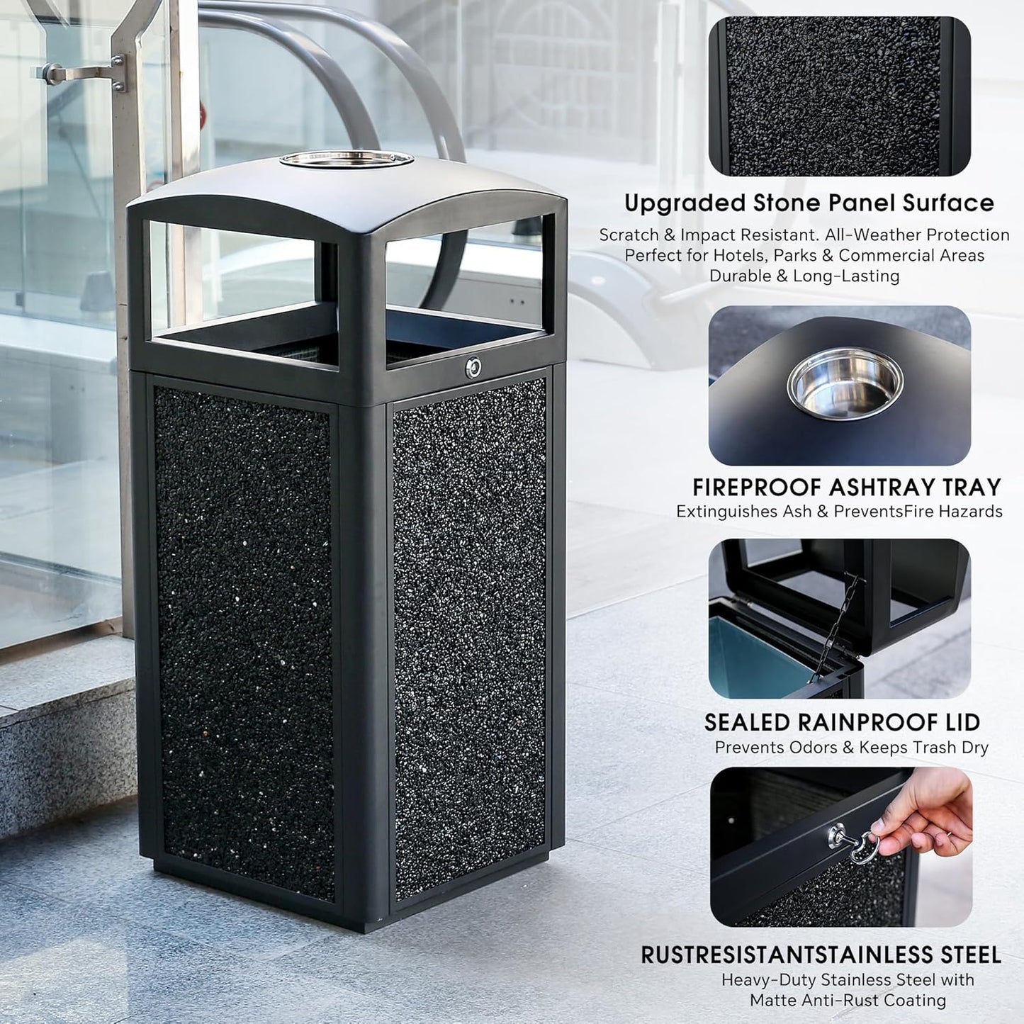 Commercial Metal Outdoor Trash Can with Lid, Lockable Outdoor Garbage Can with Nature Stone Panels, Heavy-Duty Rustproof Trash Bin with Removable Liner for Parks & Public Spaces