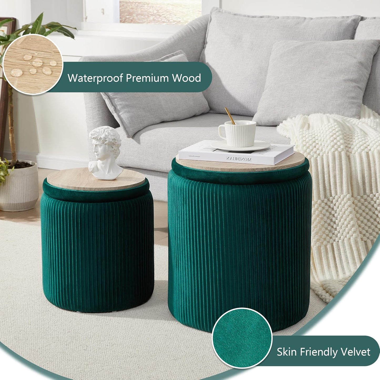 Royal Windsor Round Ottoman with Storage Set of 2,Vanity Stool with Storage for Bedroom, Ottoman Coffee Table, Small Velvet Foot Stool for Living Room, Green