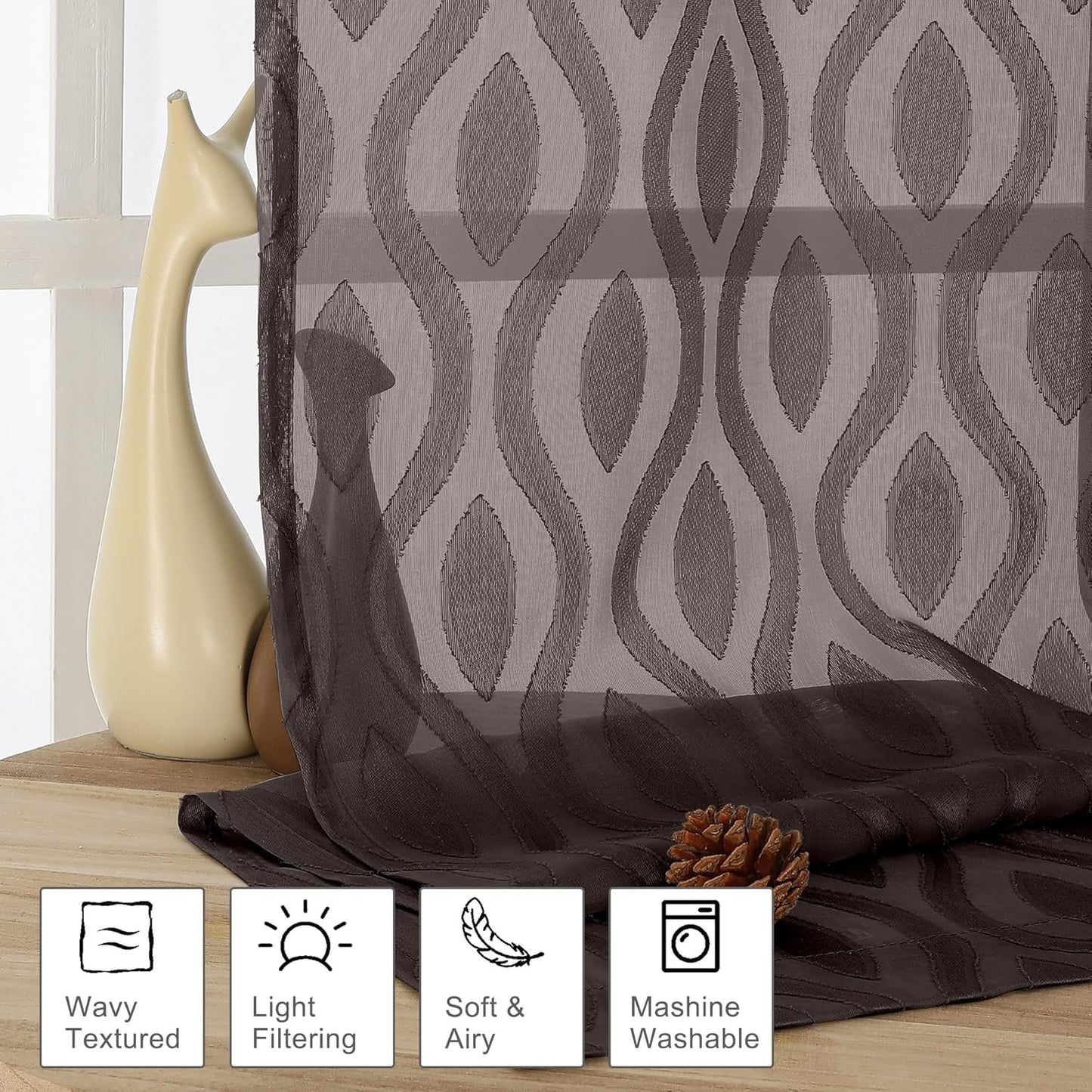 Aiyufeng Sheer Brown Curtains 45 Inch Length 2 Panels Set, Farmhouse Clip Jacquard Textured Short Sheer Curtains, Lightweight Chic Wavy Line Window Curtain Panels for Bedroom, 40" Wx45 L Inches