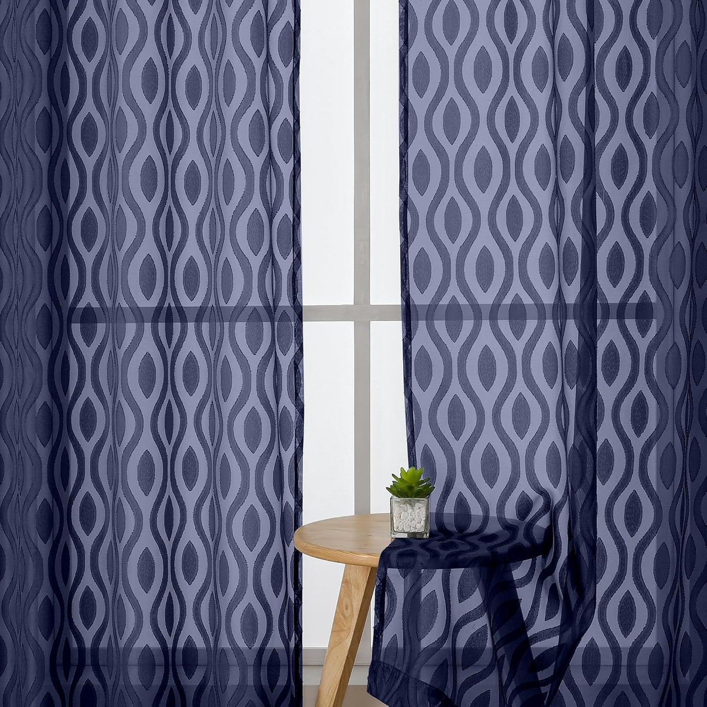 Aiyufeng Extra Long Sheer Curtains 96 Inches Long for Bedroom 2 Panels Set, Modern Light Filtering Wavy Line Clip Jacquard See Through Curtains for Bedroom Living Room, Navy Blue, 40" Wx96 L Inches