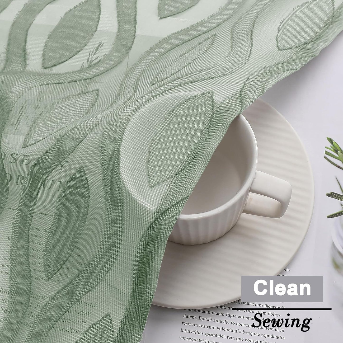 Aiyufeng Green Valance Curtains 14 Inch Length, Chic Wavy Line Clip Jacquard Sheer Curtains for Basement Bathroom Small Curtain, Lightweight Solid Rod Pocket Small Window Curtains, 2 PCS, 40Wx14L Inch