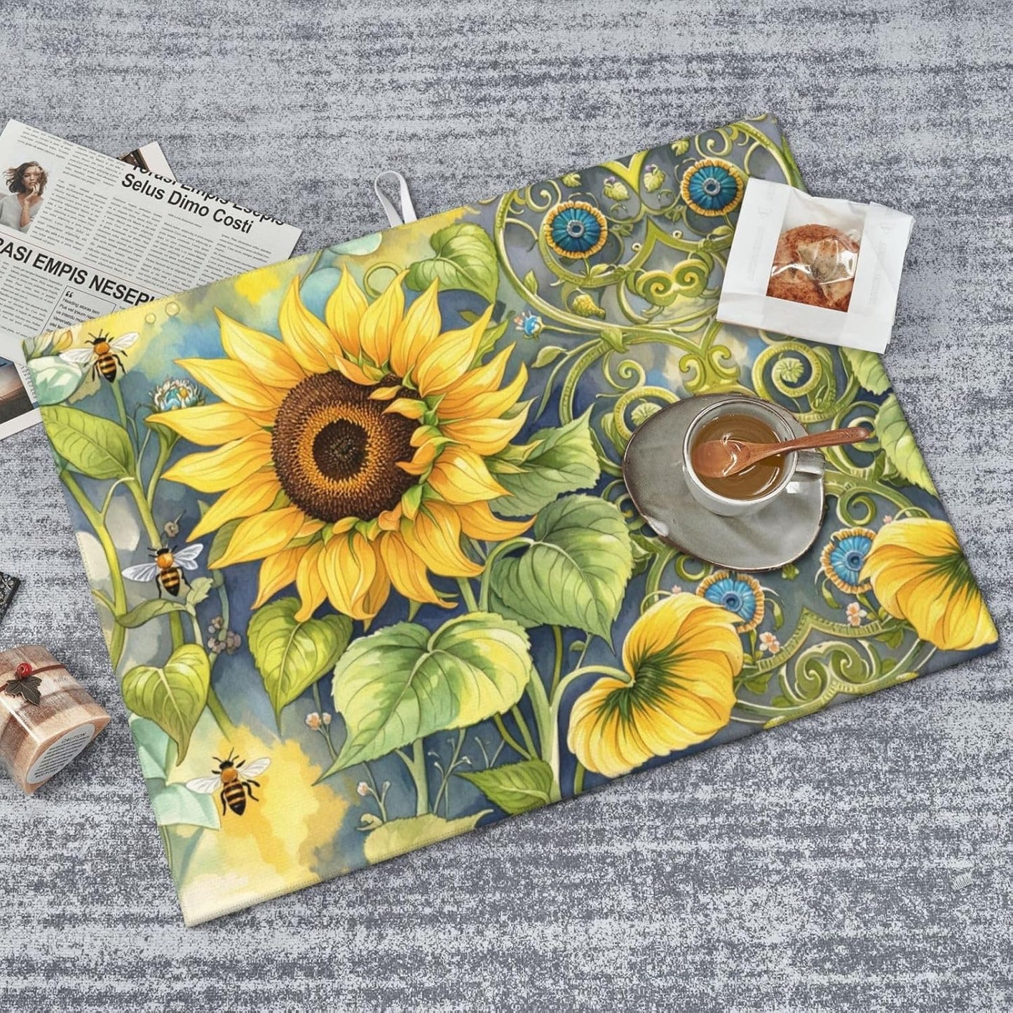 Sunflower Bee Dish Drying Mat Highly Absorbent Double-Sided Microfiber with Hanging Loop Reversible Drain Dish Rack Mat Drain Mat Suitable for Kitchen Countertop Coffee Bar 18 x 24 Inch