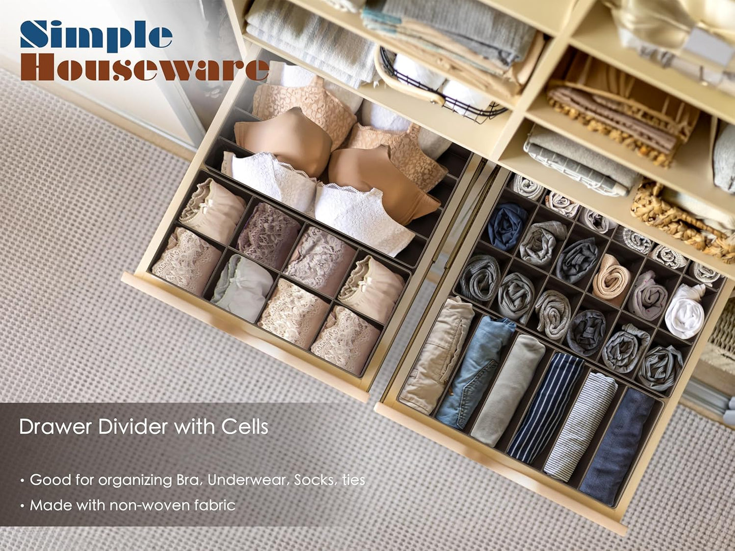 Simple Houseware 4-Pack Drawer Organizer Set - Closet Dividers for Underwear, Socks, Bras, Scarves, Ties - Foldable Non-Woven Storage Boxes, Brown